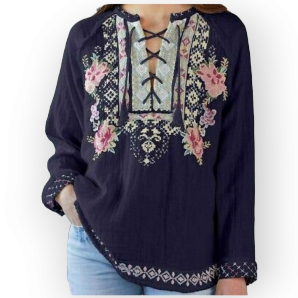 Johnny Was blue embroidered floral tunic blouse top Womens Medium - Picture 1 of 9